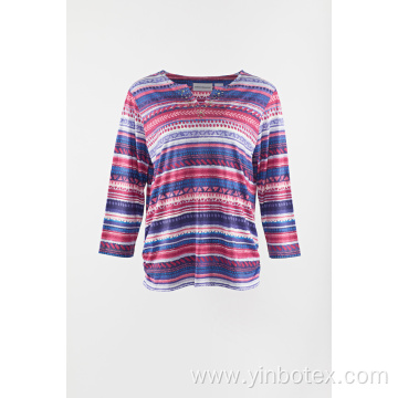 Poly knitting stripe 3/4 sleeve T shirt